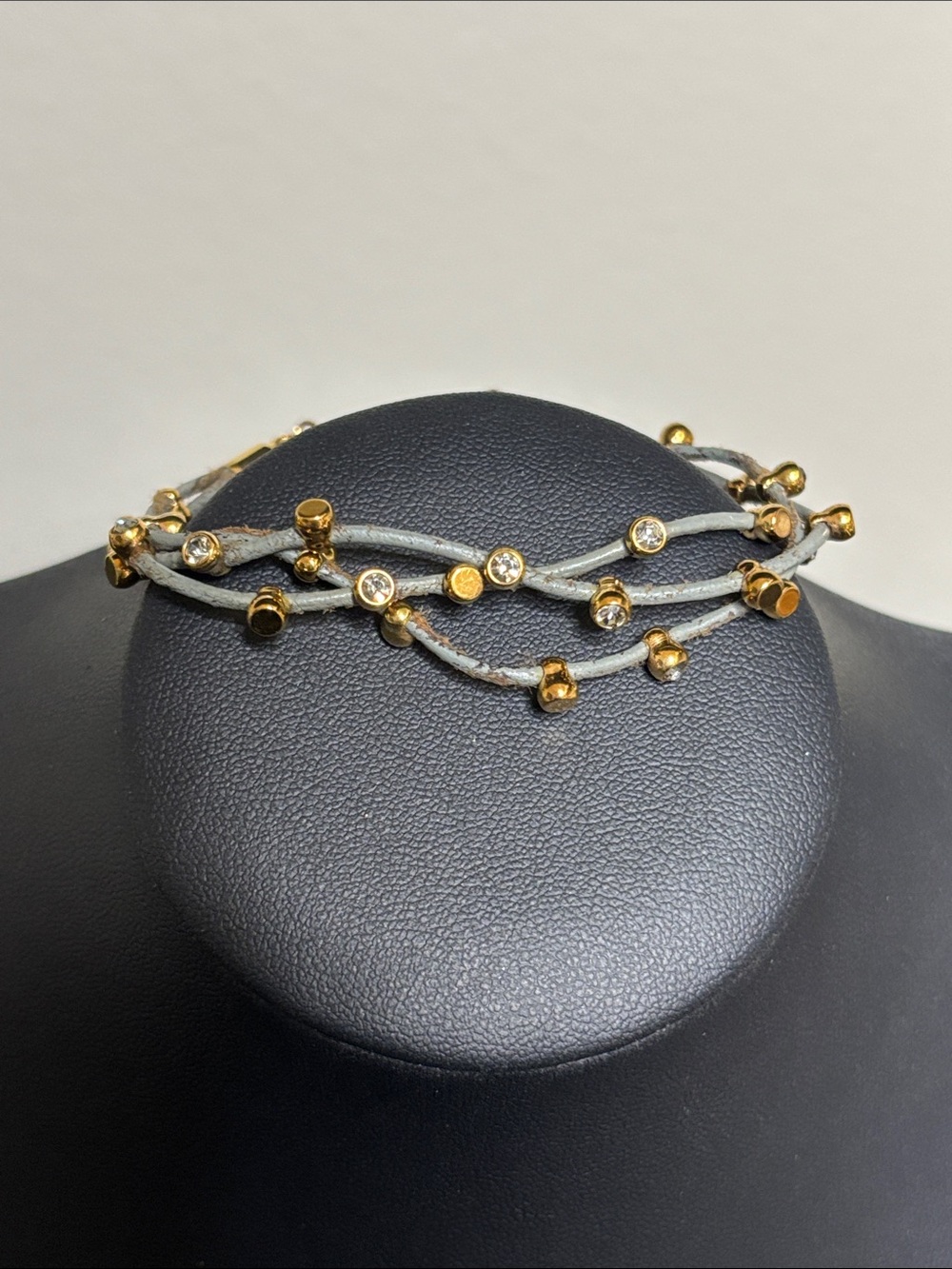 Fossil Rhinestone Gold Bead Grey Leather Boho Cord Layered Bracelet